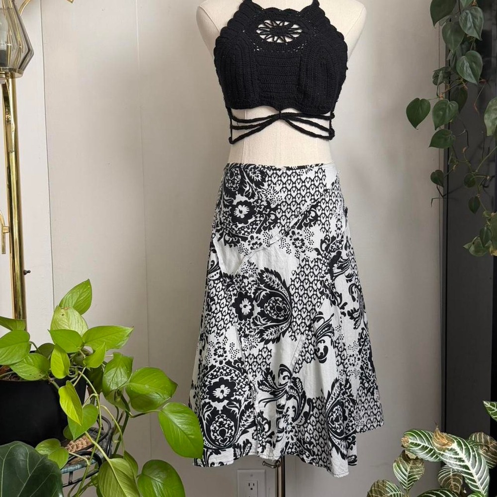 Vintage Forever 21 Paisley Floral Midi Skirt Black White Cotton Y2K Whimsygoth